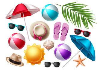 Summer beach elements vector set. Summer colorful objects collection for outdoor trip vacation isolated in white background design. Vector illustration. 
 - obrazy, fototapety, plakaty