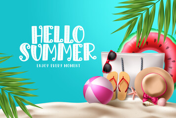 Summer beach vector background design. Hello summer text with colorful beach elements in white sand for tropical season design. Vector illustration.  © AmazeinDesign