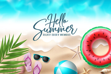 Hello summer vector design. Summer seaside beach top view background for holiday outdoor vacation. Vector illustration.