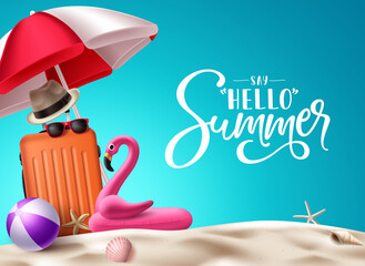 Summer vector background design. Hello summer text with beach elements like beachball, flamingo floater and luggage for outdoor travel vacation. Vector illustration. 
