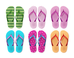 Summer beach flipflop vector set. Summer colorful slippers collection for trip and travel fashion elements isolated in white background. Vector illustration. 
