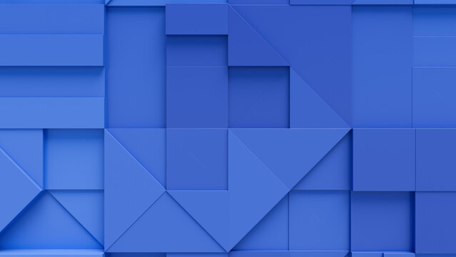 3D blocks of different shapes and sizes interlock to create a wall. Blue Business background .