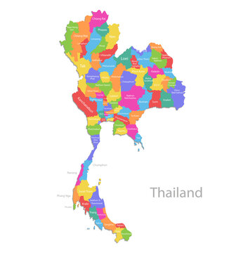 Thailand map, individual regions with names, administrative division, colors map isolated on white background vector