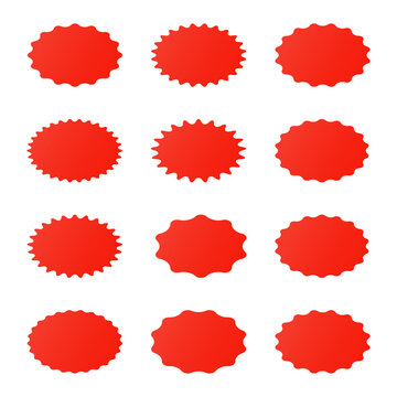 Set of 12 starburst signs with red gradient for labels, badges, price tags, stickers. Vector stickers for ads and marketing.