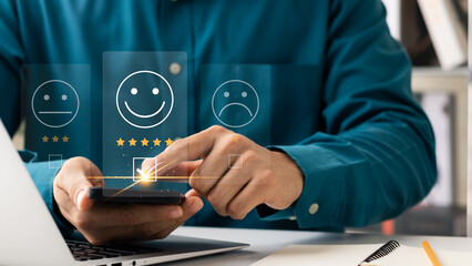 User give rating to service experience on online application, Customer review satisfaction feedback survey concept, Customer can evaluate quality of service leading to reputation ranking of business.