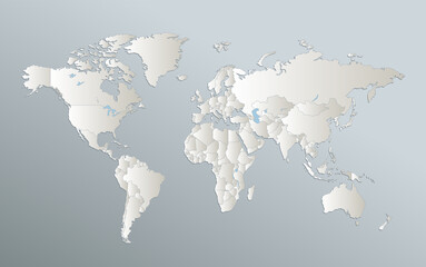 Fototapeta na wymiar World map, blue white card paper 3D, blank template raster
