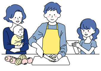 料理をする男性とお手伝いする家族 © matsurinui