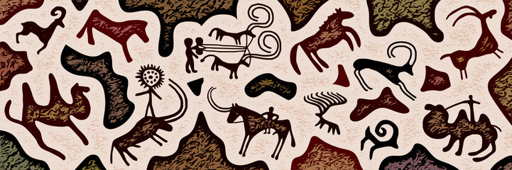Panel on the ethnic theme. A series of petroglyphs, rock paintings, vector design. 