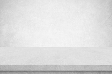 Empty white cement table over white cement concrete wall background, banner, table top, shelf, counter design for product display montage