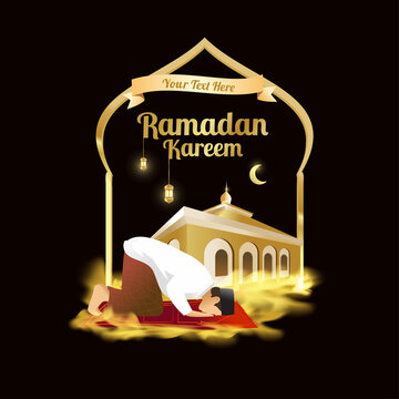 illustration of a Muslim prostrating against the background of a mosque and latern	