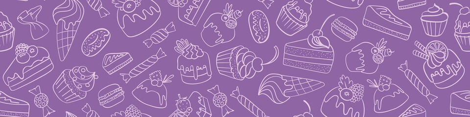 Seamless horizontal border with cakes and sweets. Hand drawn doodle desserts on purple background. Vector illustration.