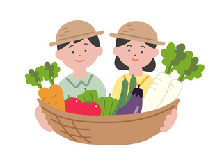 野菜のバスケットを持った男の子と女の子のイラスト