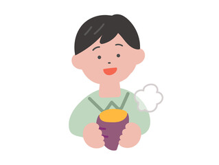 ホクホクの焼き芋を持った男の子のイラスト