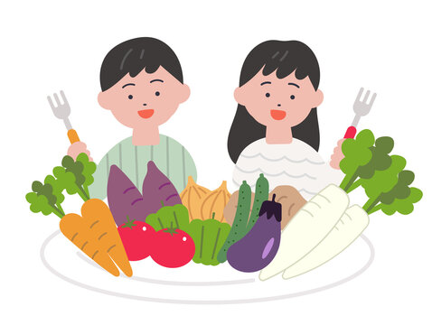 お皿に乗った新鮮野菜　子供の食育　イメージイラスト