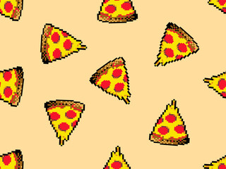 Pizza cartoon character seamless pattern on orange background.Pixel style 