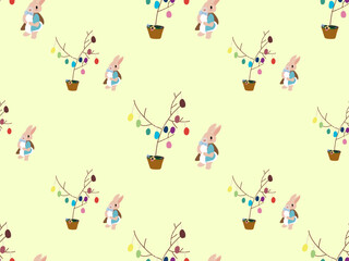 Rabbit cartoon character seamless pattern on green background.Easter day