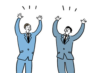 万歳をするスーツを着た二人の男性、カラー（横、サイズ大、中央配置）
