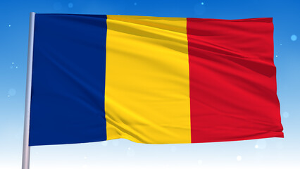 Waving National Flag Of Romania In The Wind With Pole On Cloudy Fog Glitter Dust Flying Blue Sky 3D Rendering