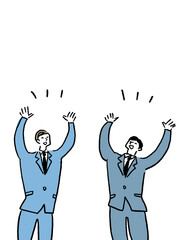 万歳をするスーツを着た二人の男性、カラー（縦、サイズ大、中央配置）