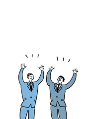 万歳をするスーツを着た二人の男性、カラー（縦、中央配置）