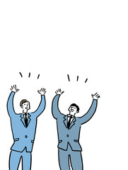 万歳をするスーツを着た二人の男性、カラー（縦、左配置）