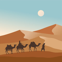 Camel caravan going through the desert vector illustration