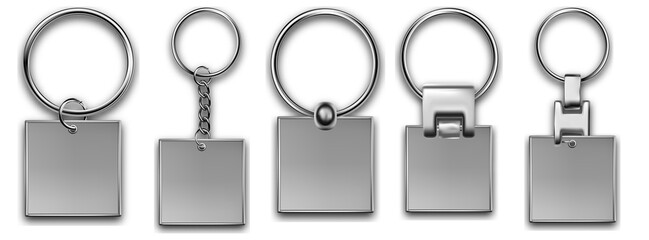Holder trinket in square shapes isolated on white background. Realistic template metal keychain set. Trinket keyring, keyholder and breloque illustration.