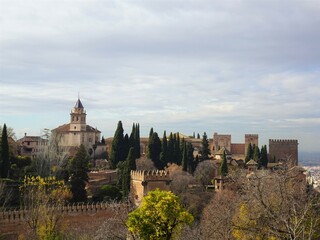 Fototapeta na wymiar [Spain] Exterior view of Alcazaba and church as seen from Generalife (The Alhambra, Granada)