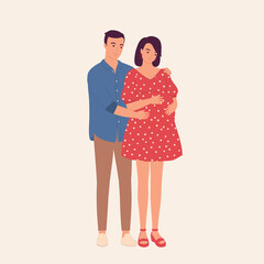 Portrait Of A Happy Husband Hugging His Pregnant Wife. Parenthood.