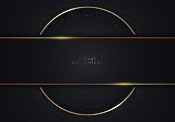 Abstract elegant black stripes and circle with golden dots circles and lighting effect on dark background luxury style