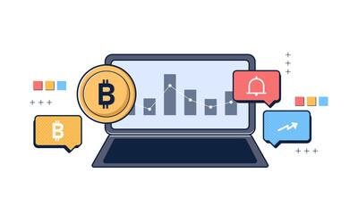 Creative design laptop element bitcoin with social media assets