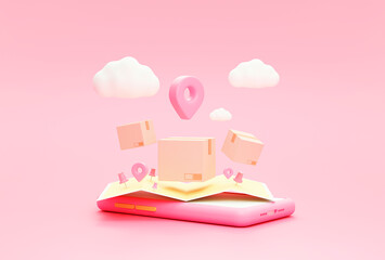Parcels box or Cardboard boxes and Pin pointer mark location on Smartphone and map Online delivery transportation logistics concept on pink background 3d rendering illustration