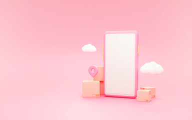 Parcels box or Cardboard boxes and Pin pointer mark location with Smartphone and cloud delivery transportation logistics concept on pink background 3d rendering illustration