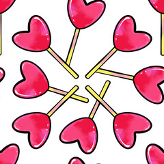 Seamless raster pattern of heart shaped lollipop candy on a white isolated background. High quality illustration