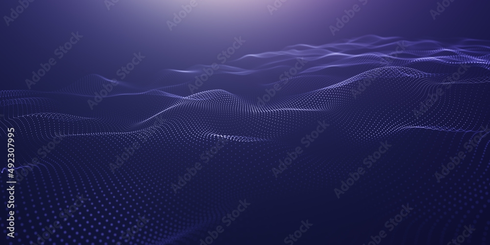 Poster abstract glowing virtual neural network. particles form line and surface grid. microcosm or space. b
