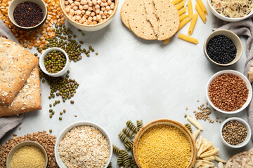 Best sources of carbs on light gray background.