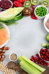 Foods with low glycemic index on gray background.
