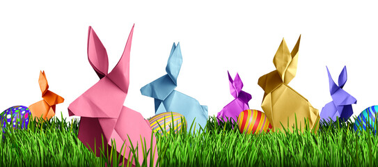 Paper Easter bunny and spring season or April festive seasonal design with a bunny rabbit origami on an isolated white background 