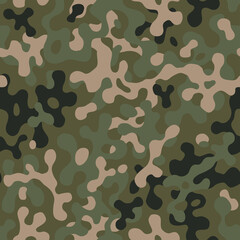 Green seamless camouflage pattern background. Army clothing style. Forest masking military camo. Vector texture. 
