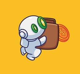 cute astronaut robot holding a wallet with a money for saving.