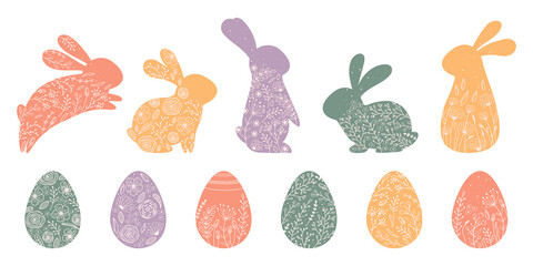 Set silhouette easter eggs and rabbit with flowers in flat style. Illustration colorful hare and eggs in pastel colors. Vector - 492311914