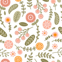 Seamless pattern with flowers in flat style. Illustration with spring flowers in pastel colors for fabric, wallpaper and textiles. Vector