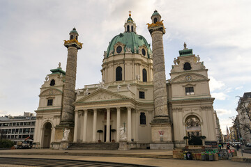 Fototapeta na wymiar View to famous baroque St. Charles Church or Karlskirche in Vienna, Austria. January 2022