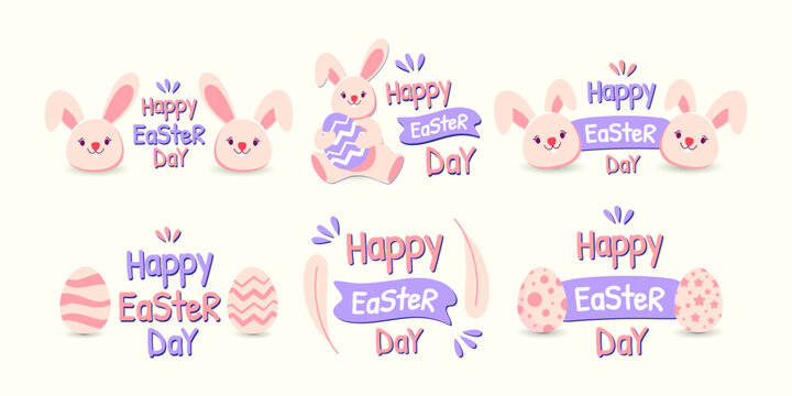Set Happy Easter Day Sticker With Bunny And Eggs Pattern