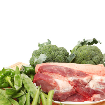 Fresh meat and Vegetables on white background