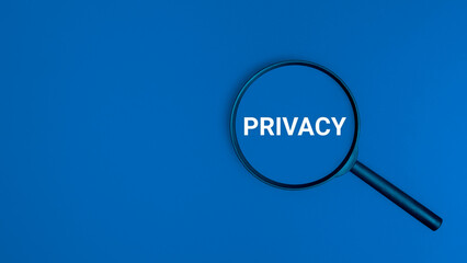 Text PRIVACY and magnifying glass over blue background, Data protection, security important...