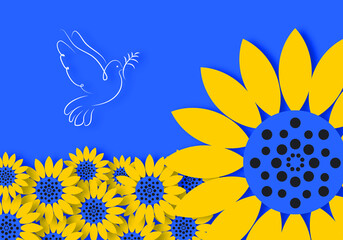 Sunflowers and white dove of peace in paper cut style. Peace to Ukraine in the symbolic colors of the flag of blue and yellow. vector
