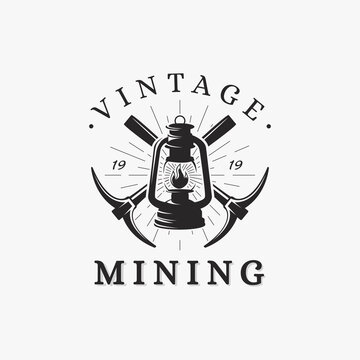 Vintage Classic Mining Cave Logo, Axe And Lantern Logo Vector On White Background