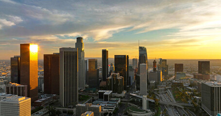 Fototapeta premium Los angeles aerial view with drone. Los Angeles downtown. California theme with LA background. Los Angels city center.