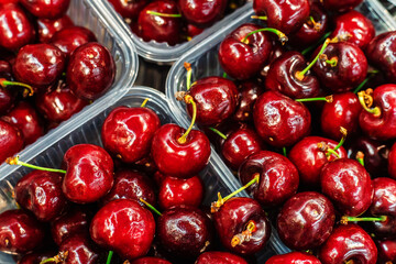Ripe cherries in plastic packaging. Trade in fresh berries wholesale and retail. Close-up